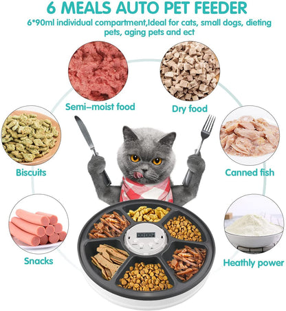 Automatic Cat Food Dispenser, Auto Cat Feeder - 6 Meals Pet Wet Food Dispenser for Small Dog with Programmable Timer Portion Control Timed Cat Feeder with Voice Reminder